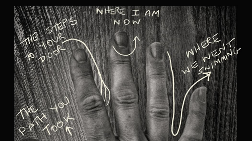 A hand photographed in black and white with text drawn on top of the image. 