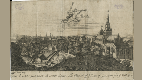 A printed engraving of a view of the City of Glasgow from 1736