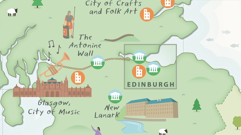 Excerpt of a UNESCO map of the UK showing all their destinations. This section focuses in on Glasgow and the central belt of Scotland.