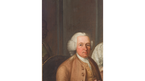 close up of boy in background of oil painting