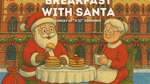 Illustrated scene of Santa Claus and Mrs. Claus eating breakfast at a small round table outdoors in front of a festive, decorated building. Santa is holding a forkful of pancakes, and Mrs. Claus is holding a mug. Stacks of pancakes sit on the table. Holiday garlands and bows hang on the building behind them. Text on the image reads “BREAKFAST WITH SANTA – Sunday 14th & 21st December” and “WESTONTHEGREEN.COM.”