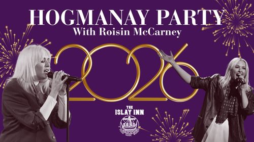 Hogmanay Party poster with gold “2026,” fireworks, and two singers performing. Text: “Hogmanay Party with Roisin McCarney at The Islay Inn.