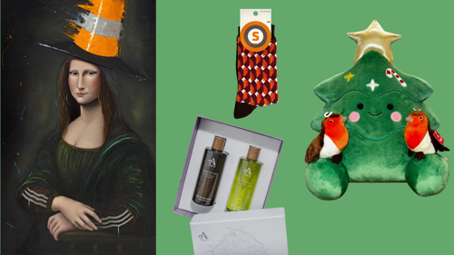 A collage of gifts including a cuddy Christmas tree, Glasgow subway branded socks and a print of the Mona Lisa wearing a traffic cone on her head