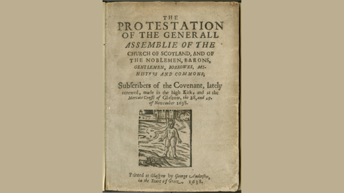 Title page of a book, the title of which is: THE PROTESTATION OF THE GENERALL ASSEMBLIE OF THE CHURCH OF SCOTLAND, AND OF THE NOBLEMEN, BARONS, GENTLEMEN, BORROWES, MINISTERS AND COMMONS. At the Mercate-Crosse of Glasgow, the 28 and 29 of November 1638. Printed at Glasgow by George Anderson, in the yeare of grace 1638.