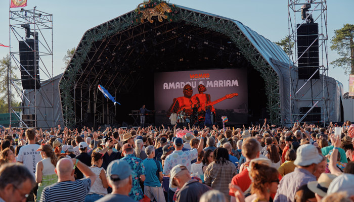 A large crowd of festivalgoers enjoy a concert