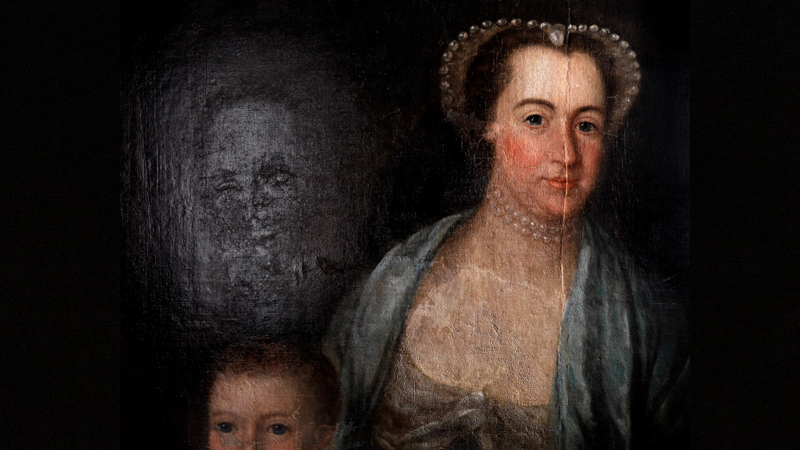 a close up on the Glassford's family portrait showing the person who has been painted over