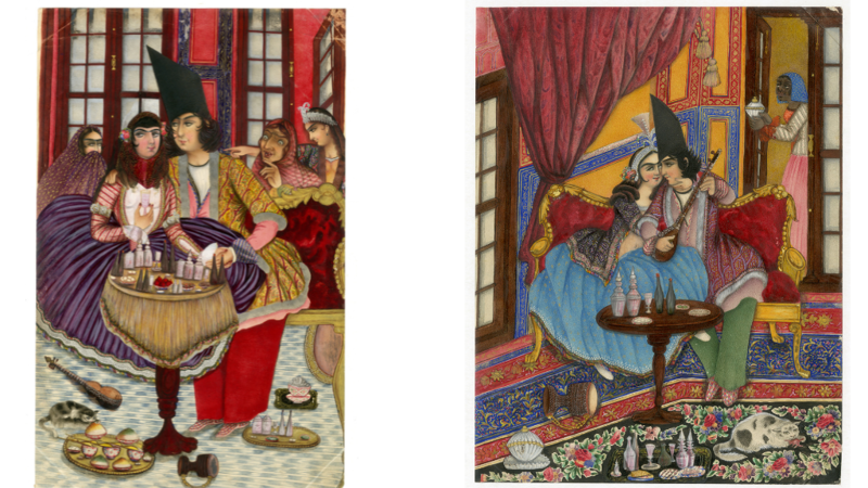 2 paintings (Persian Miniature Style). A man and woman are sitting at a table laden with food and drink. They are playing a musical instrument. There are cats on the floor eating scraps. There is a woman coming through the door, probably a servant, as she is holding a container. A man and woman are sitting at a table laden with food and drink. There are cats on the floor eating scraps. There are women gathered in the background wearing veils. The harem of the Kajar court.The harem of the Kajar court.